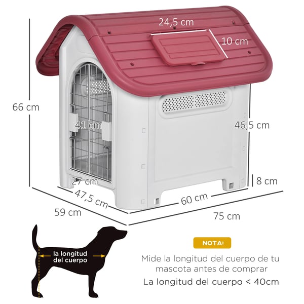 Hundkoja - 59×75×66 cm - 3 ventilationsöppningar, dörr & fönster - PP & metall - För trädgård & terrass - Grå/röd