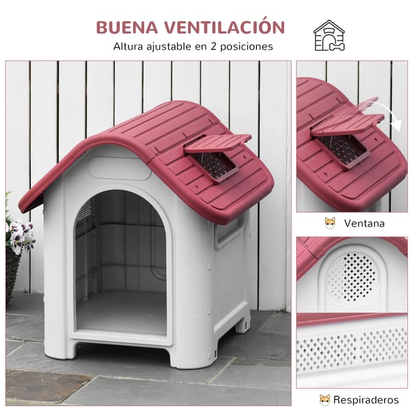 Hundkoja - 59×75×66 cm - 3 ventilationsöppningar, dörr & fönster - PP & metall - För trädgård & terrass - Grå/röd