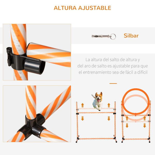 Agilityset för hund - Träningsutrustning - Justerbara hinder - Slalomstänger - Visselpipa - Bärväska - Plast - 328×67×93 cm - Orange
