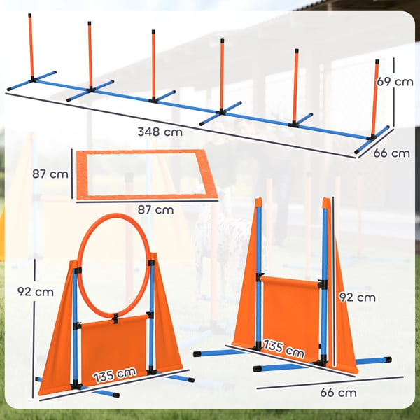 Hundagilityset - Agilityutrustning - 6 delar - Hopp, slalom, pausbox, visselpipa, bollar - ABS/PE - 348x66x69 cm - Orange