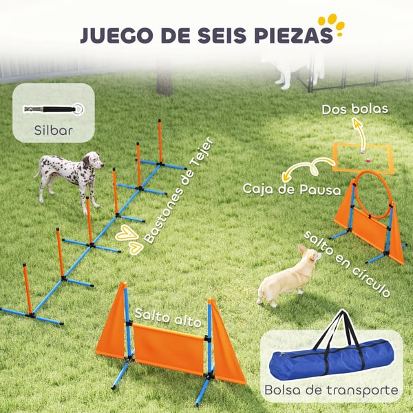 Hundagilityset - Agilityutrustning - 6 delar - Hopp, slalom, pausbox, visselpipa, bollar - ABS/PE - 348x66x69 cm - Orange