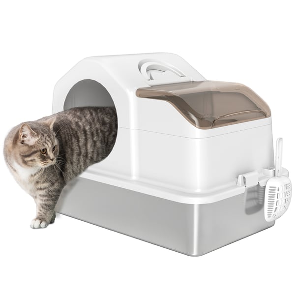 Kattlåda - Täckt katttoalett - Rostfri stålbricka - Avtagbart lock - Höga kanter - Lätt att rengöra - Storlek 60,5×40,5×42 cm - Vit