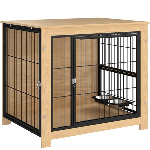 Hundbur - Sidobord - Modern Design - 2 Dörrar - Roterande Skålställ med 2 Skålar - 80 x 60 x 68 cm - Melaminträ & Stål - Ek