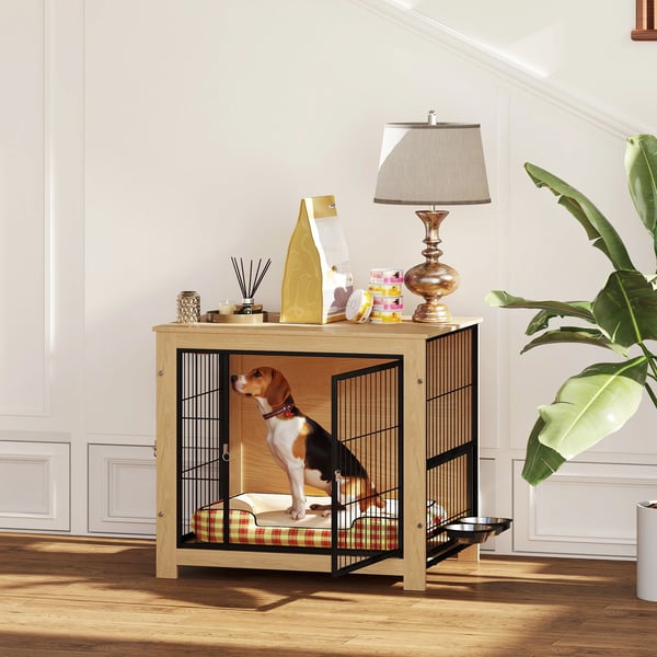 Hundbur - Sidobord - Modern Design - 2 Dörrar - Roterande Skålställ med 2 Skålar - 80 x 60 x 68 cm - Melaminträ & Stål - Ek