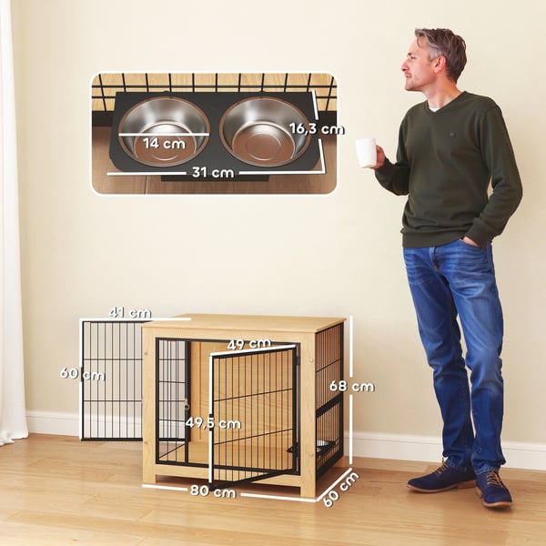 Hundbur - Sidobord - Modern Design - 2 Dörrar - Roterande Skålställ med 2 Skålar - 80 x 60 x 68 cm - Melaminträ & Stål - Ek