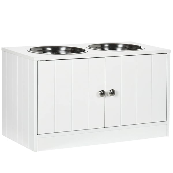 Upphöjd hundmatbar - Dubbel skålstation - För stora hundar - 2×2000 ml - Dold förvaring - MDF & rostfritt stål - 60×30×35,5 cm - Vit