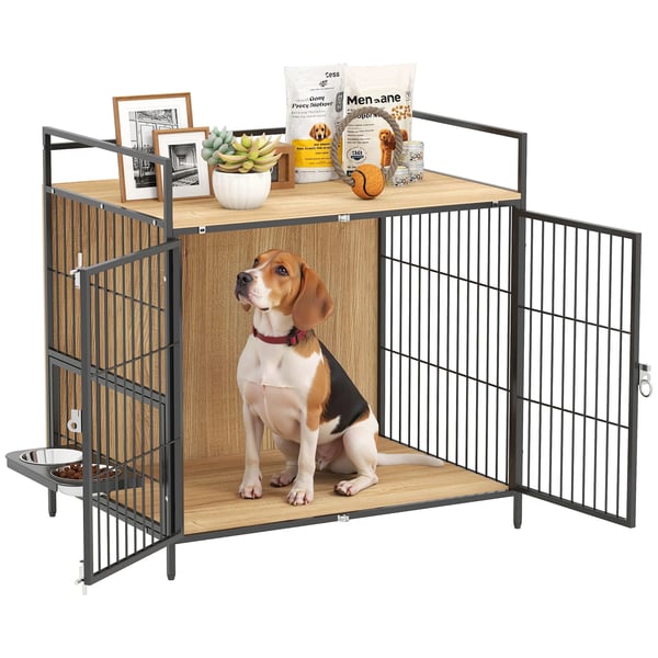Hundbur - Sidobord i möbelstil - Svängbart ställ med 2 skålar - 2 dörrar - Melaminträ & stål - 80×56×76,5 cm - Ek