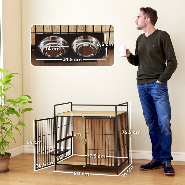 Hundbur - Sidobord i möbelstil - Svängbart ställ med 2 skålar - 2 dörrar - Melaminträ & stål - 80×56×76,5 cm - Ek