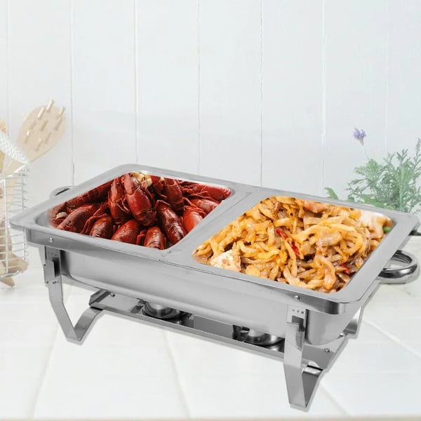 Chafing Dish Buffetvarmer - Madvarmer - Sæt med 2 - 7,5 L - 2 Rum - Rektangulær - Rustfrit Stål - Sølv