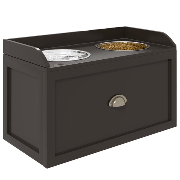 Upphöjd hundfoderstation - Skålställ - 2 rostfria skålar 2000 ml - Låda - MDF & rostfritt stål - 60×30×36 cm - För stora hundar - Mörkbrun
