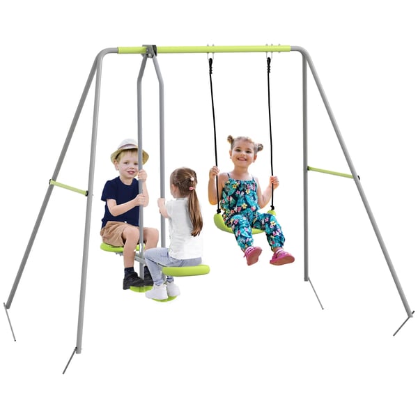 Gungställning för Barn - Trädgårdsgunga Set - 1 Enkelgunga, 1 Tandemgunga - UV-Skydd - CE-Certifierad - Metall & PE - 255x160x180 cm - Grå/Grön