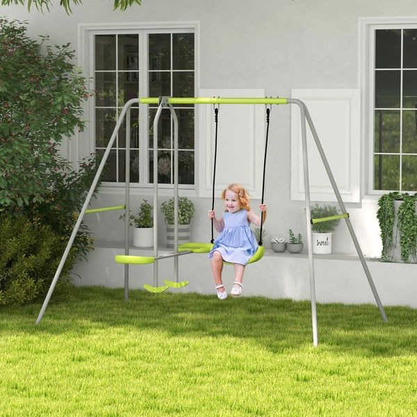Gungställning för Barn - Trädgårdsgunga Set - 1 Enkelgunga, 1 Tandemgunga - UV-Skydd - CE-Certifierad - Metall & PE - 255x160x180 cm - Grå/Grön