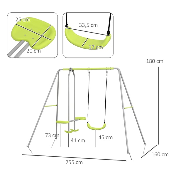 Gungställning för Barn - Trädgårdsgunga Set - 1 Enkelgunga, 1 Tandemgunga - UV-Skydd - CE-Certifierad - Metall & PE - 255x160x180 cm - Grå/Grön