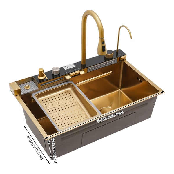 Køkkenvask i rustfrit stål - Indbygget - Digitalt panel med one-touch temperaturknap - Dobbelt kumme - 3 huller - Med armatur - 75×46×22 cm - Guld