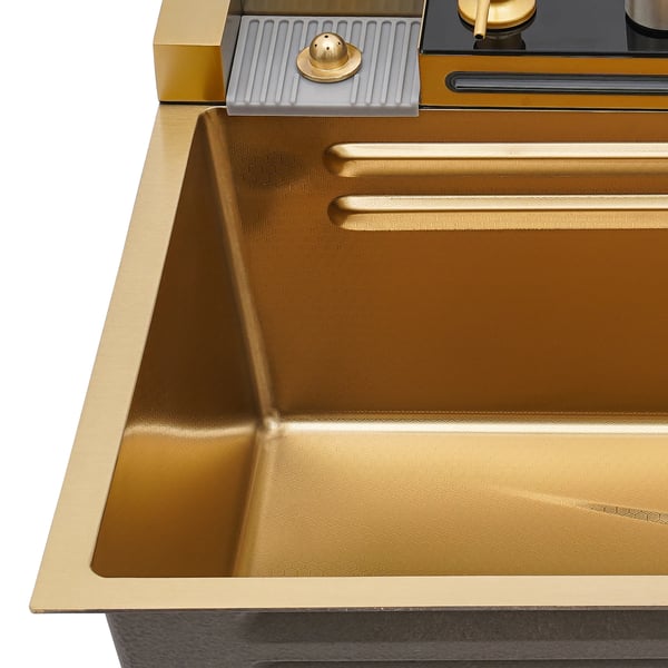 Køkkenvask i rustfrit stål - Indbygget - Digitalt panel med one-touch temperaturknap - Dobbelt kumme - 3 huller - Med armatur - 75×46×22 cm - Guld