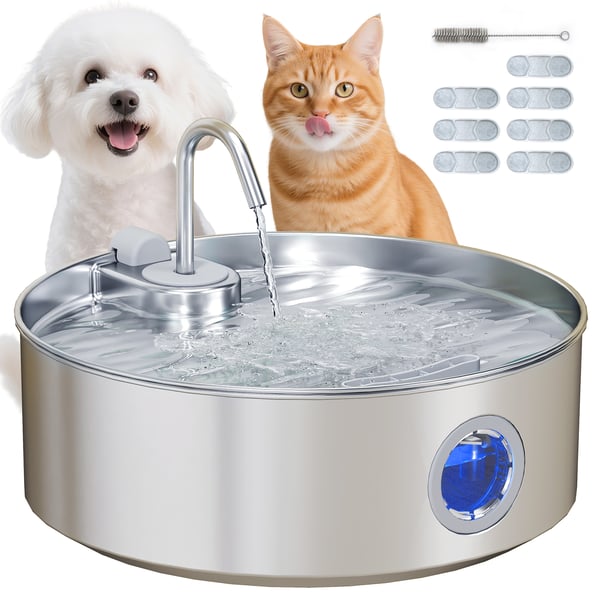 Kattfontän - Automatisk vattenfontän - Kapacitet 7 l - Tyst drift - Rostfritt stål 304 - Filtersystem - USB-driven - Silver