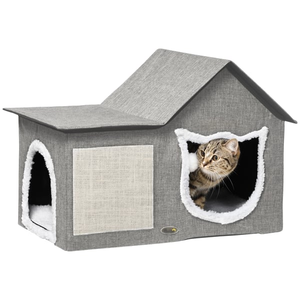 Kattkoja - Inomhus katthus - Skrapmatta - Mjuk kudde - Hängande boll - MDF & sisal, plysch - 65×41×45,5 cm - Grå