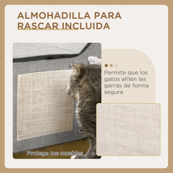 Kattkoja - Inomhus katthus - Skrapmatta - Mjuk kudde - Hängande boll - MDF & sisal, plysch - 65×41×45,5 cm - Grå