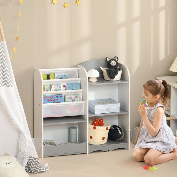 Barnbokhylla & leksaksförvaring - Hylla med öppna fack - 85×26×84 cm - MDF, furu & polyester - För barnrum - Monteras själv - Grå