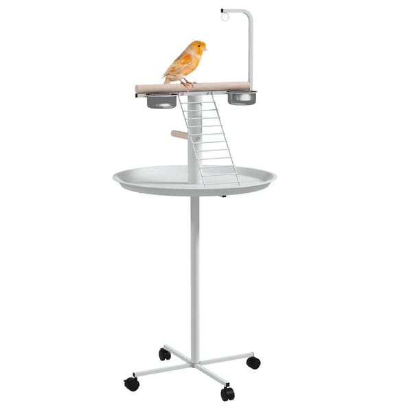 Fågelstativ - Stående foderstation - Ø60×138 cm - 4 Hjul - 2 Rostfria skålar - 2 Sittpinnar - Stål & granträ - Vit