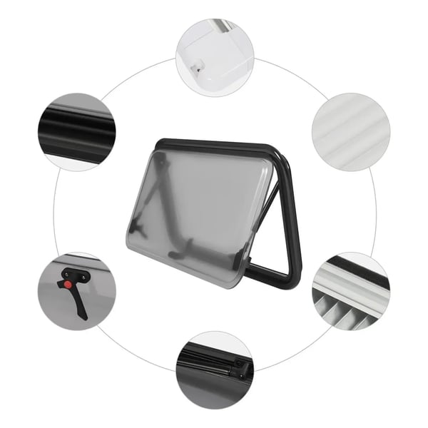 Autocamper/Campingvogn Vindue - 70×40 cm Akryl - Mørklægning & Myggenet - Til Vægtykkelse 28–40 mm - Aluminiumsramme - Sort