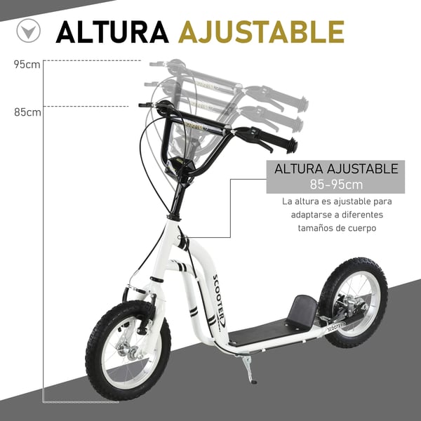 Sparkcykel för äldre barn - Kickbike - Icke-elektrisk - Höjdjusterbart styre - 2 luftfyllda däck - Metallram - 120×58×95 cm - Vit