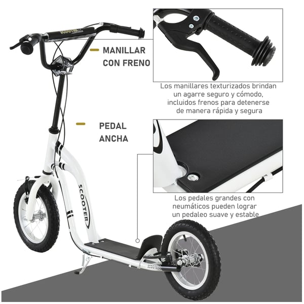 Sparkcykel för äldre barn - Kickbike - Icke-elektrisk - Höjdjusterbart styre - 2 luftfyllda däck - Metallram - 120×58×95 cm - Vit