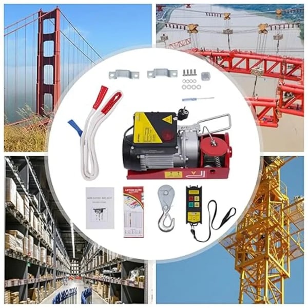 Elektrisk talje/spil - PA200 - 220 V 510 W - 100/200 kg løftekapacitet - 12 m galvaniseret stålkabel - Fjernbetjening - EU-stik - Rød
