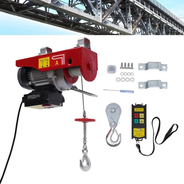 Elektrisk talje/spil - PA200 - 220 V 510 W - 100/200 kg løftekapacitet - 12 m galvaniseret stålkabel - Fjernbetjening - EU-stik - Rød
