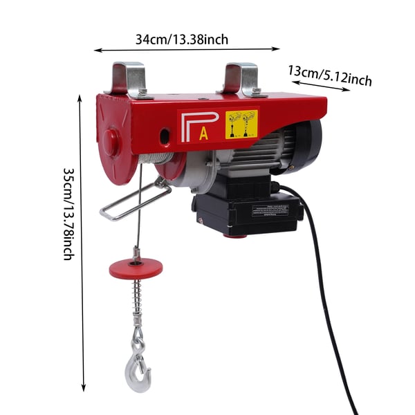 Elektrisk talje/spil - PA200 - 220 V 510 W - 100/200 kg løftekapacitet - 12 m galvaniseret stålkabel - Fjernbetjening - EU-stik - Rød