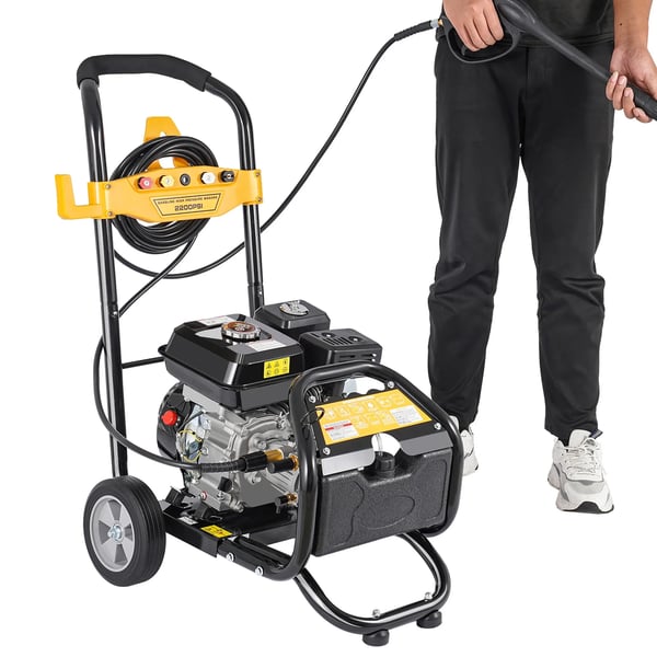 Højtryksrenser - Benzindrevet 7,5 hk - 2200 PSI - 3400 RPM - 5 dyser - Indløbs-/Udløbsslange - Sort