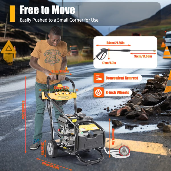 Højtryksrenser - Benzindrevet 7,5 hk - 2200 PSI - 3400 RPM - 5 dyser - Indløbs-/Udløbsslange - Sort