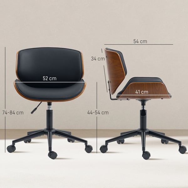 Kontorsstol utan armstöd - Svängbar skrivbordsstol - Höjdjusterbar - Ergonomisk - Hjul - PU Konstläder - 52×54×74–84 cm - Svart