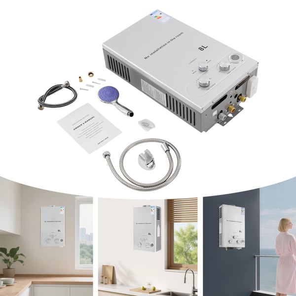 Gasvarmvattenberedare - Tanklös väggmodell - 8 L - LPG/Propan - Automatisk tändning 2×1,5 V - G1/2 (12,7 mm) - Verkningsgrad ≥80,8%