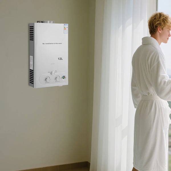 Gasvattenberedare - LPG/Propan genomströmningsmodell - 12 L - 24 kW - Öppen skorsten - Automatisk el-pulständning 2x1,5 V