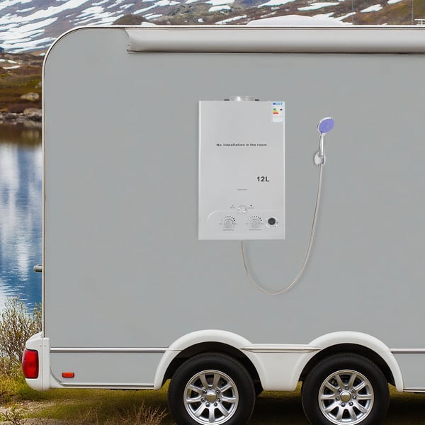 Gasvattenberedare - LPG/Propan genomströmningsmodell - 12 L - 24 kW - Öppen skorsten - Automatisk el-pulständning 2x1,5 V