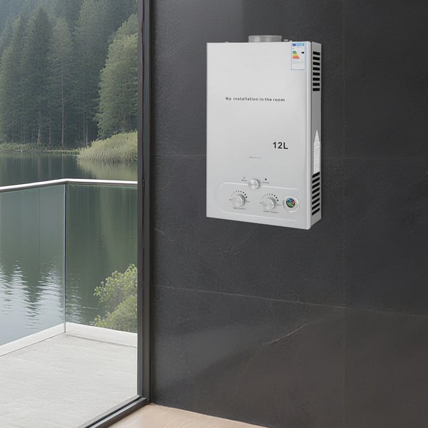 Gasvattenberedare - LPG/Propan genomströmningsmodell - 12 L - 24 kW - Öppen skorsten - Automatisk el-pulständning 2x1,5 V