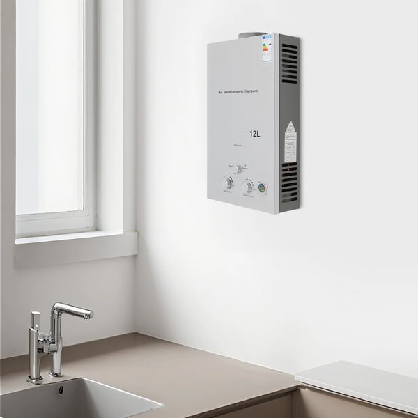 Gasvattenberedare - LPG/Propan genomströmningsmodell - 12 L - 24 kW - Öppen skorsten - Automatisk el-pulständning 2x1,5 V