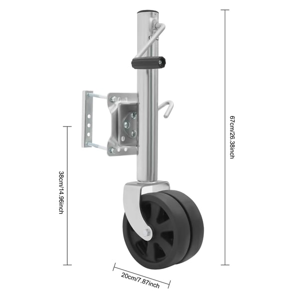 Perävaunun Aisapyörä/Tunkki - Kaksoispyörä - Kantavuus 907 kg - Nostomatka 26 cm - Pyörä 20,3 cm - Raskaaseen käyttöön - Hopea