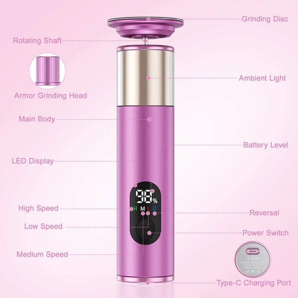 Kynsi- ja jalkahoitolaite - 2-in-1 pedikyyri/manikyyri - Langaton - LED-näyttö - 400–600 rpm - 1200 mAh - USB-C-lataus - Vaaleanharmaa