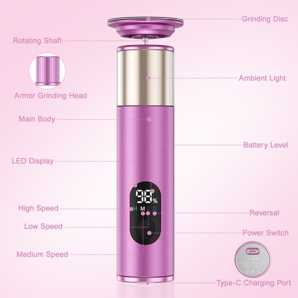 Kynsi- ja jalkahoitolaite - 2-in-1 pedikyyri/manikyyri - Langaton - LED-näyttö - 400–600 rpm - 1200 mAh - USB-C-lataus - Vaaleanharmaa