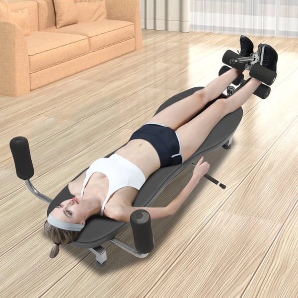 Teleskopisk rygdekompressionsbænk - Inversionsbord - Belastning 150 kg - Justerbar 145–185 cm - Til højde 1,45–1,85 m - Sort