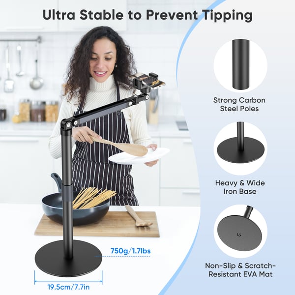 Mobil- og tabletholder - Bordholder - 70 cm Arm - Svanenhals - Justerbar Højde - Til Live-streaming - Universal - Sort