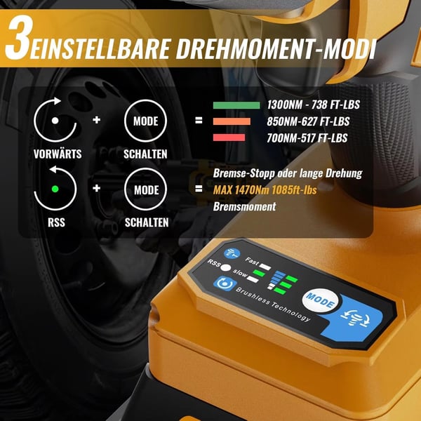Elektrisk slagnøgle - Batteridrevet møtriknøgle - 1200 Nm højt moment - 0–2000 o/min - Li‑ion, uden batteri - CE‑certificeret - Gul