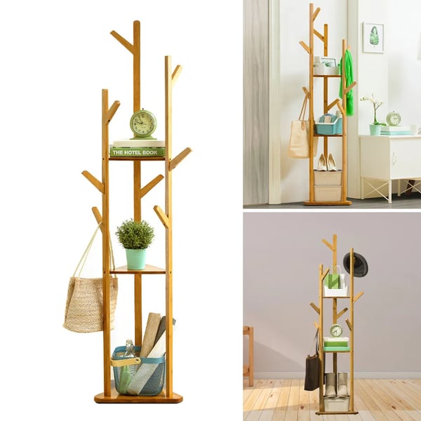 Bambus stumtjener - Gulvstående knagerække - 9 Kroge - 3 Hylder - Robust Design - Nem Samling Bambus stumtjener - Gulvstående knagerække - 9 Kroge - 3 Hylder - Robust Design - Nem Samling