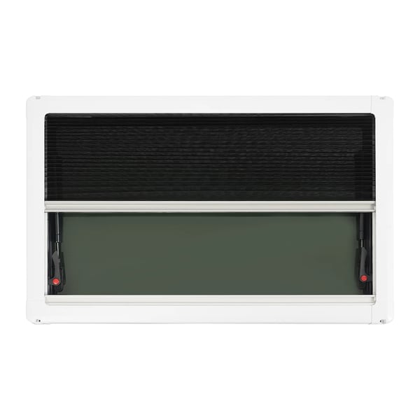 Ikkuna asuntoautoon/vaunuun - Ulospäin avautuva - 82,6×52,6 cm - Alumiiniseos - Sandwich-asennus - 18 % sävytetty lasi ja aurinkosuoja - Musta