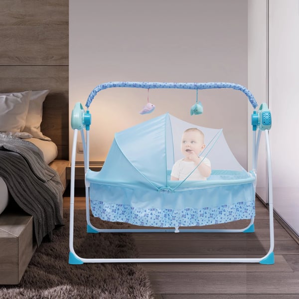 Babygynge Vugge - Elektrisk Babygynge - Sammenklappelig - 5 Hastigheder - Automatisk Gyngning - Fjernbetjening - Over 20 kg - 1–2 År - Blå