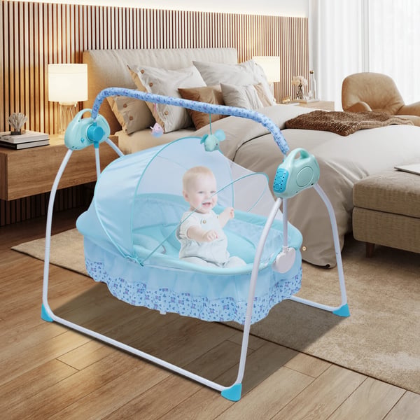 Babygynge Vugge - Elektrisk Babygynge - Sammenklappelig - 5 Hastigheder - Automatisk Gyngning - Fjernbetjening - Over 20 kg - 1–2 År - Blå