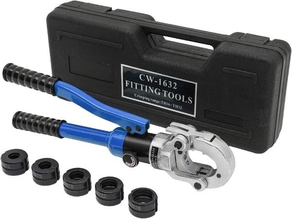 Hydraulisk pres- og krimptang til rør - V-profil - 12–28 mm - 80 kN - 360° roterbart hoved - Kraftbesparende håndtag - Mørkeblå