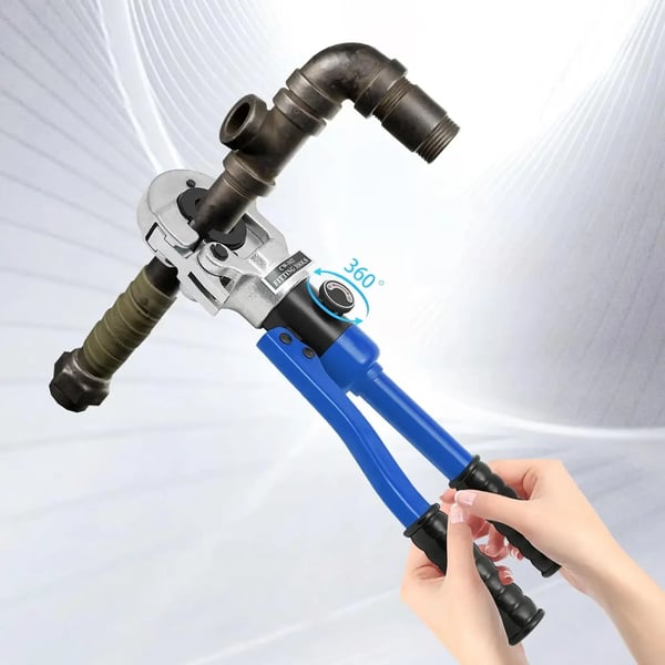 Hydrauliset putkipuristuspihdit - V-profiili - 12–28 mm - 80 kN - 360° kääntyvä pää - Voimaa säästävä kahva - Tummansininen